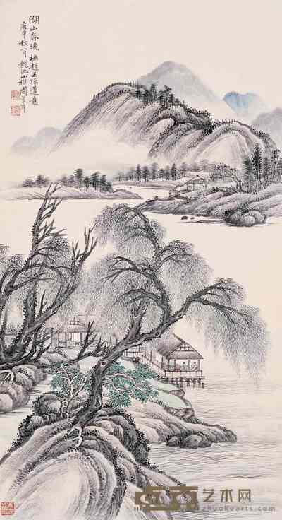 周乔年 1980年作 湖山春晓 立轴 91×50cm